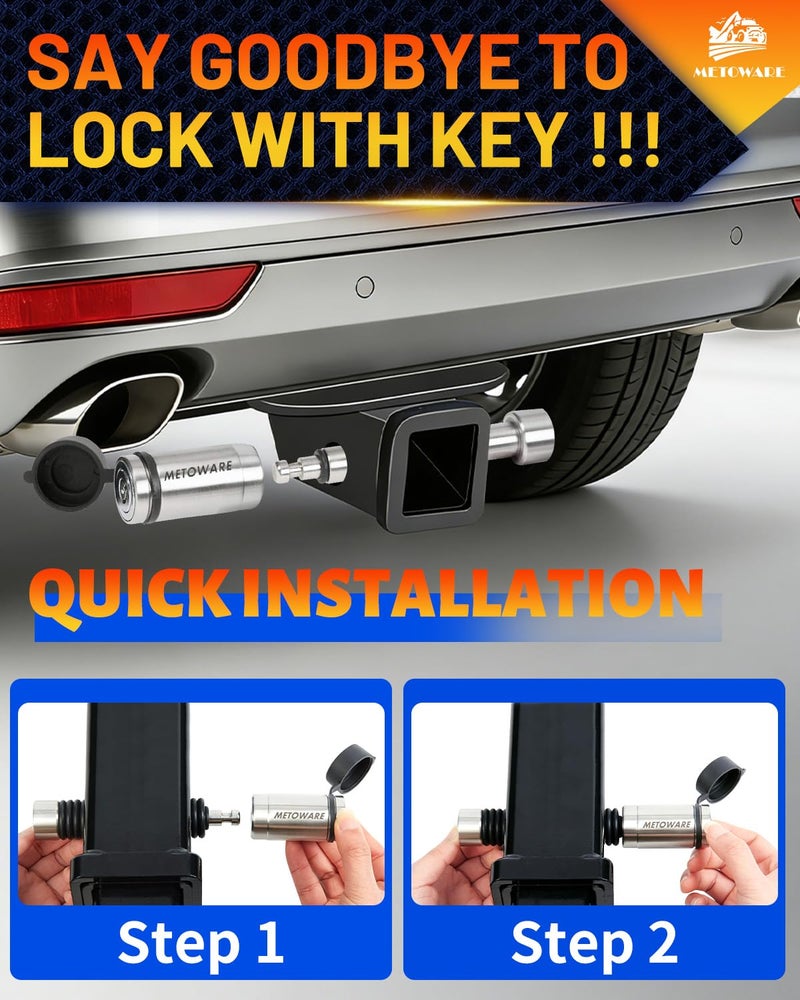 METOWARE Stainless Steel Trailer Hitch Lock - 5/8" Pin for Class III IV Hitches (2" & 2.5" Receivers) - Heavy Duty Anti-Theft Receiver Lock with 8 Anti-Rattle O-Rings & Waterproof Cap - Image 5
